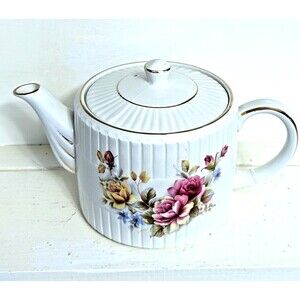 Vintage English Ellgreave teapot cottage rose 4X9 ribbed gold trim ironstone